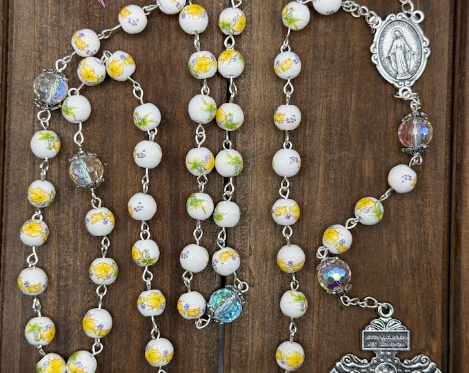 Catholic Ceramic Rosary, Floral Prayer Beads (Yellow or Red, Pardon Crucifix)