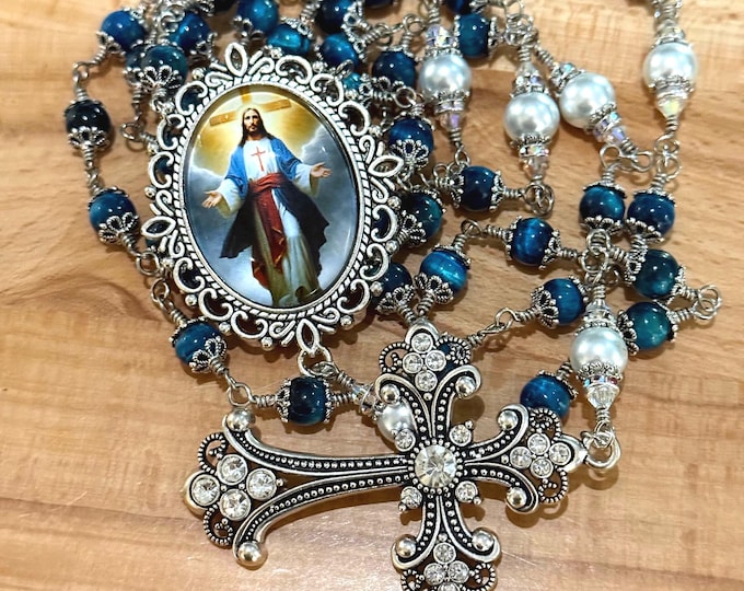 Blue Tiger's Eye Rosary - Hand Wrapped Antique Silver Beads