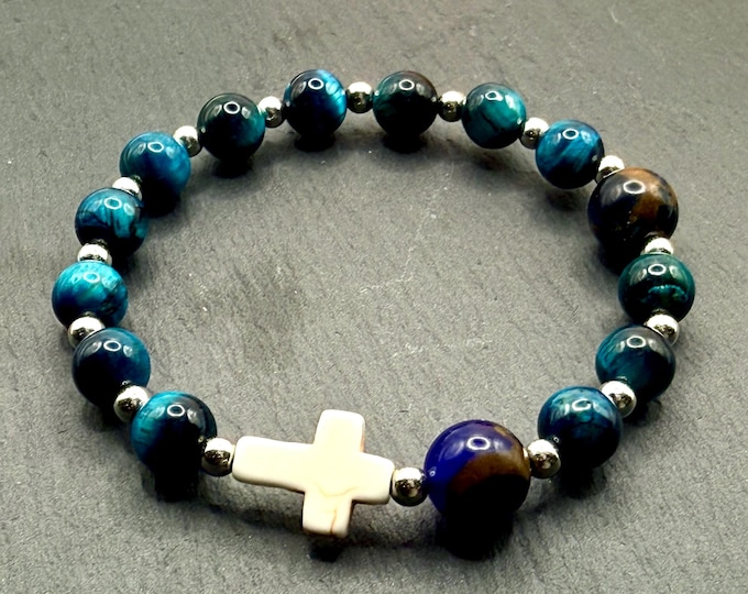 Blue Tiger's Eye Rosary Bracelet - Handmade with Seashell Cross