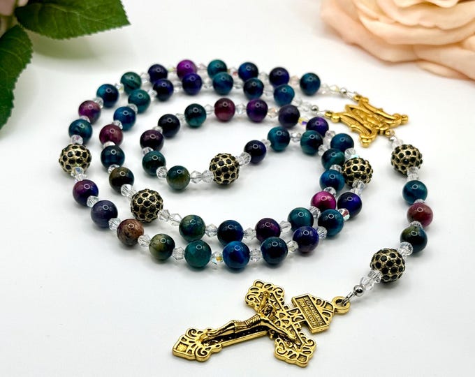 Multicolor Tiger's Eye Rosary: 8mm Hail Mary, Jeweled Our Father Beads