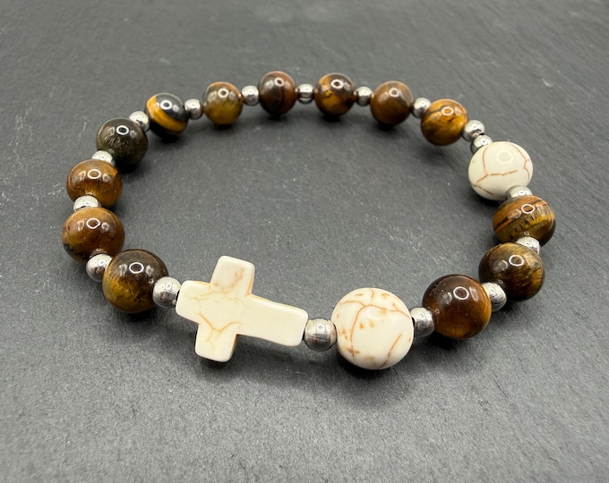 Men’s Rosary Bracelet, Tiger’s Eye and Howlite (7" Stretch Fit)