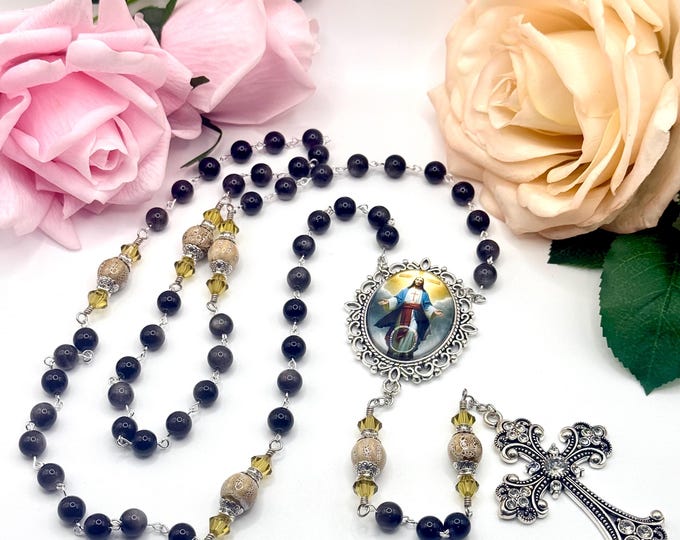 Silvery Obsidian Rosary: Antique Silver Cross, Swarovski Beads