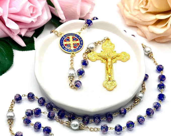 Handmade Lampwork Glass Rosary – Blue Floral Beads, St. Benedict, 18K Gold Plated