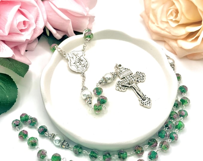 Saint Michael Rosary, Green Floral Murano Glass, Pearl Accents (Handmade)