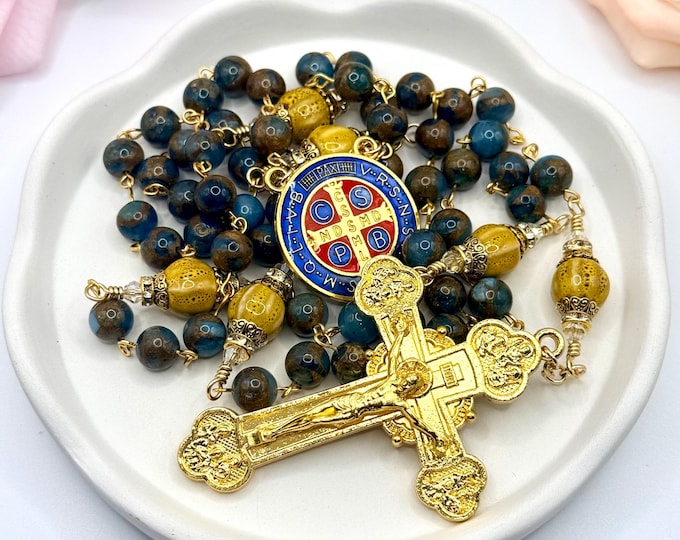 Handmade Rosary: Lake Blue Cloisonné, Ceramic Beads - Gold Plated Details