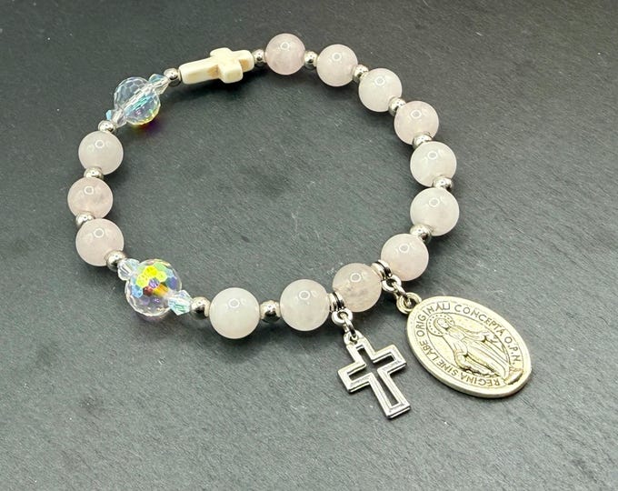 Rose Quartz Rosary Bracelet - Stretch, Crystal Details, Religious Charm
