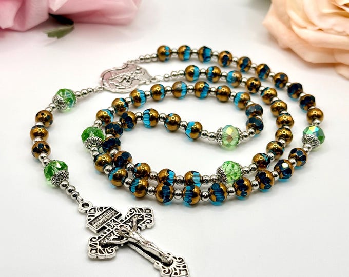 Blue and Green Glass Rosary: St. Michael Medal, Pardon Crucifix