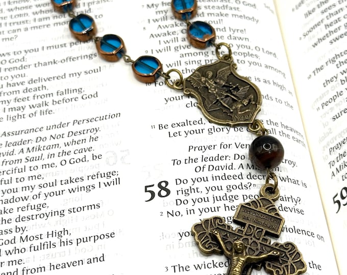 Car Rosary Necklace: Bronze Saint Michael, Blue Glass Beads - Vintage Style
