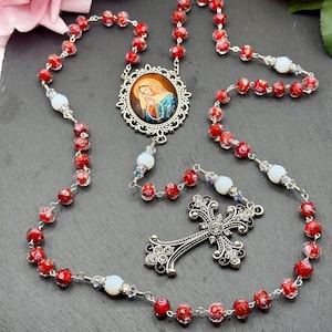 Handmade Rosary: Red Lampwork and Swarovski Crystals (Antique Silver)