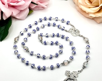 Handmade Antique Rosary: Blue Flower Ceramic Beads, Saint Michael or Mary Medal,