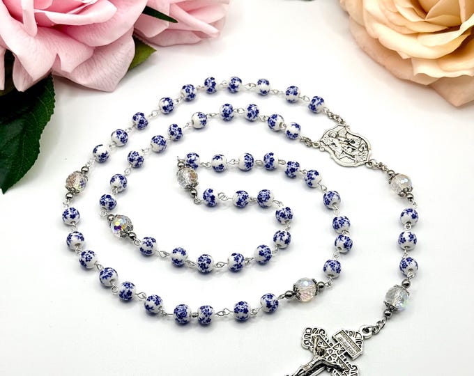 Handmade Antique Rosary: Blue Flower Ceramic Beads, Saint Michael or Mary Medal,