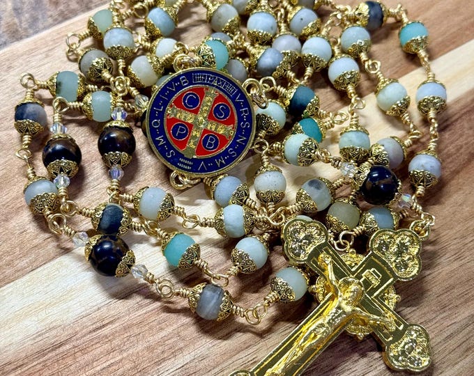 Catholic Rosary: Amazonite and Jasper Beads - 18k Gold Plated Crucifix