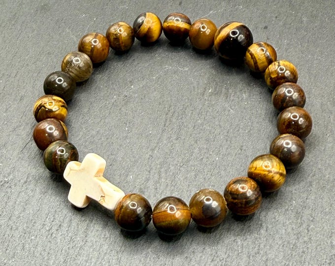 Men’s Tiger’s Eye Rosary Bracelet, 2-Decade Prayer Beads (Shell Cross, 6.5-7")