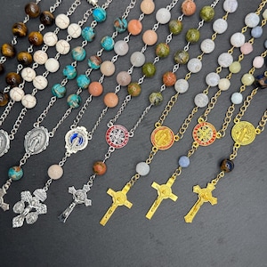 Gemstone Car Rosary, Compact One-Decade Prayer Beads | Secure Barrel Clasp, Mirror Charm, For Catholic Devotion