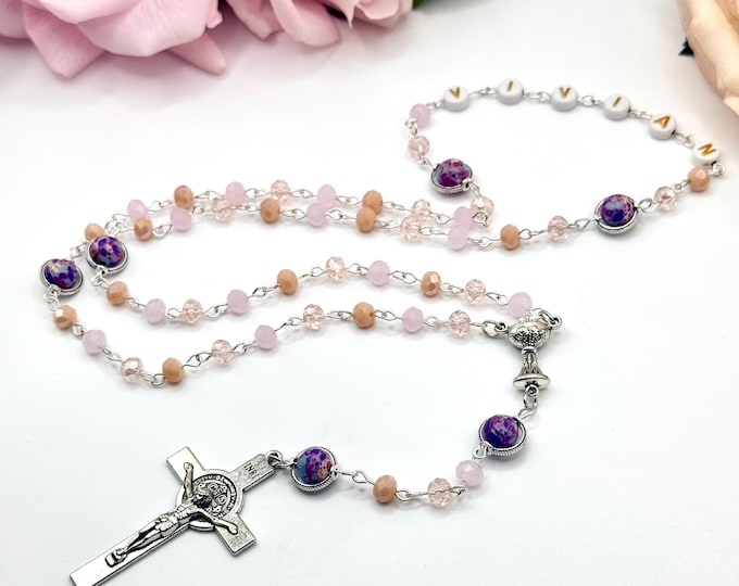 Personalized First Communion Rosary: Glass, Ceramic & Gemstone Beads