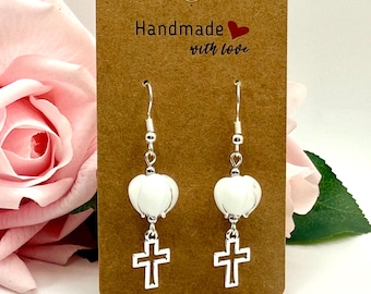 Tulip and Cross Earrings: Handmade Murano Glass (Hypoallergenic Dangle)