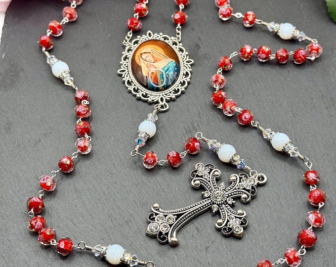 Handmade Rosary: Red Lampwork and Swarovski Crystals (Antique Silver)