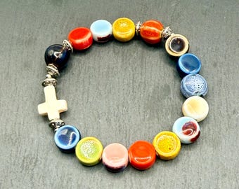 Rosary Bracelet: Boho Ceramic Beads with Seashell Cross - Single Decade