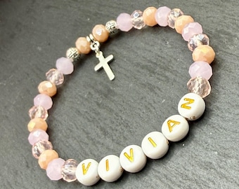 Customizable First Communion Bracelet for Girls – Pink Glass Beads with Cross Charm