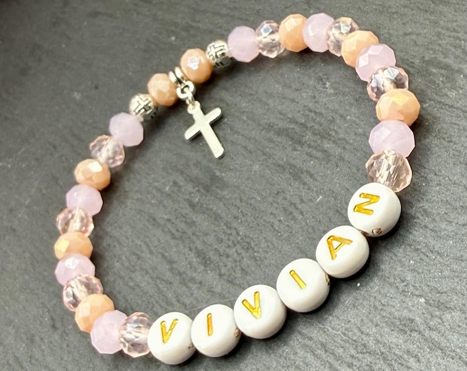 Customizable First Communion Bracelet for Girls – Pink Glass Beads with Cross Charm