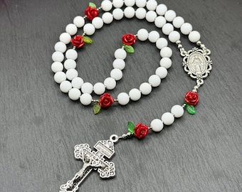 Our Lady of Rose Garden Rosary | White Onyx Beads, Miraculous Medal, Pardon Crucifix