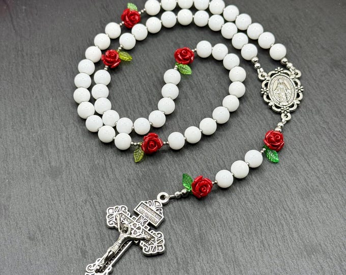 Our Lady of Rose Garden Rosary | White Onyx Beads, Miraculous Medal, Pardon Crucifix