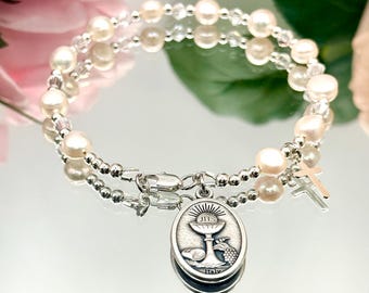 Girls Communion Bracelet: Pearl and Crystal Jewelry (Sterling Silver)