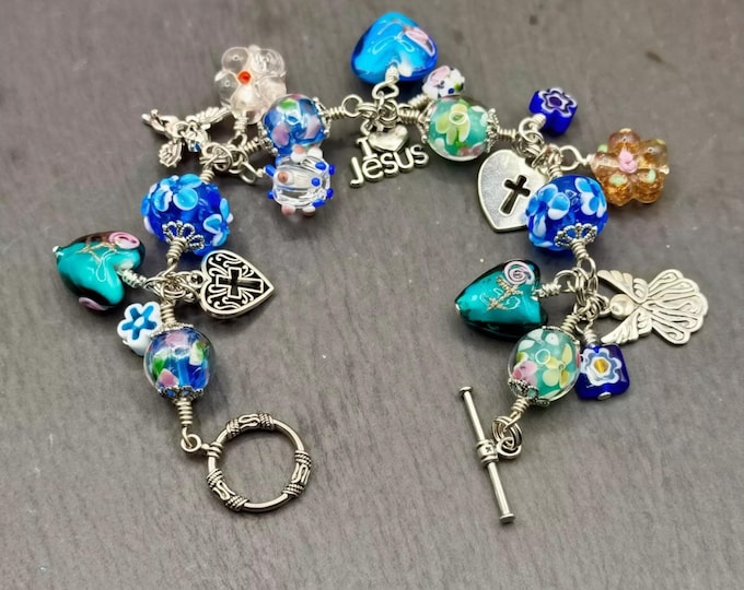 Handmade Lampwork Murano Glass Charm Bracelet, Christian Faith Jewelry