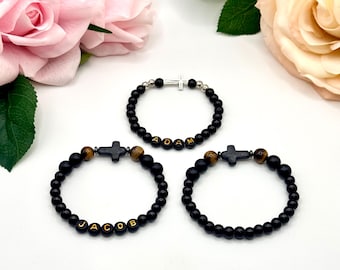 Boys Personalized Communion Bracelet: Obsidian and Tiger's Eye - Cross Charm