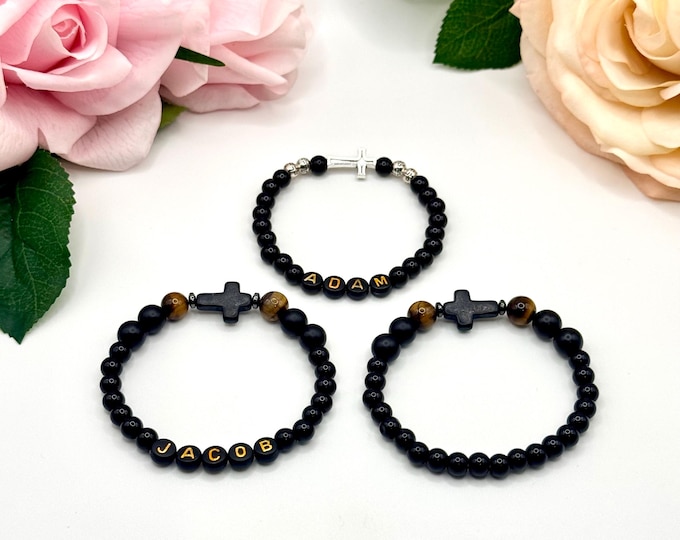 Boys Personalized Communion Bracelet: Obsidian and Tiger's Eye - Cross Charm