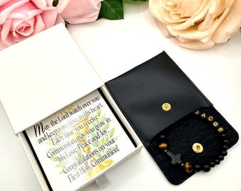 Boys Personalized Communion Bracelet: Obsidian and Tiger's Eye - Cross Charm