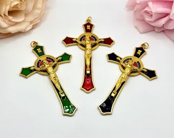 Enamel Crucifix, Saint Benedict Large Cross | Gold Trim | 11.5cm, Blue Black Red Green Options