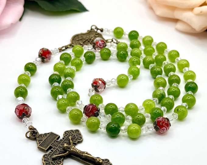 Green Jade Rosary with Bronze St. Michael Medal - Handmade Prayer Beads