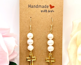 Handmade Gold Filled Freshwater Pearl Cross Earrings, Religious Dangle Jewelry