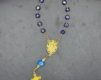 Handmade Evil Eye Car Rosary – Lampwork Beads, Miraculous Medal, Crucifix Charm