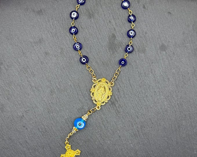 Handmade Evil Eye Car Rosary – Lampwork Beads, Miraculous Medal, Crucifix Charm