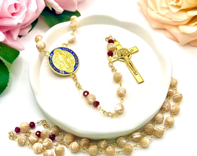 Mother of Pearl Rosary: Gold Plated Saint Benedict Center (Prayer Beads)