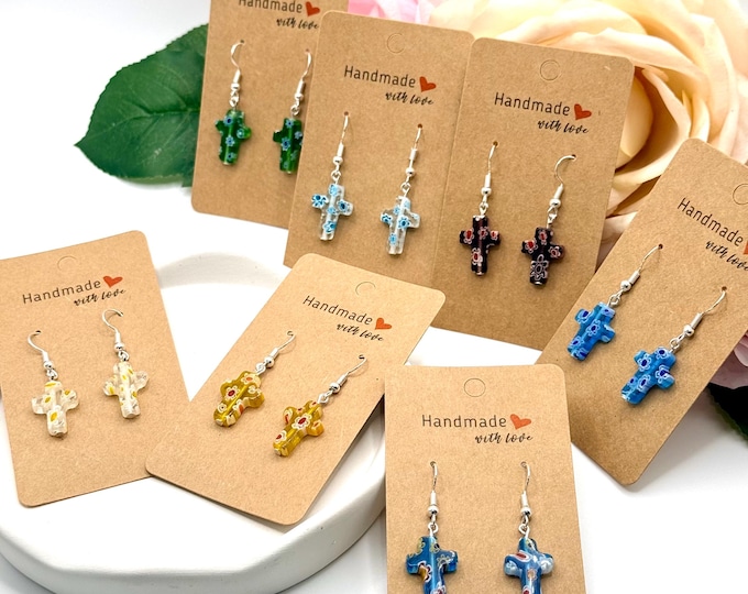 Handmade Murano Glass Cross Earrings - Lightweight Hypoallergenic Jewelry