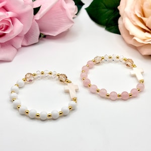 One Decade Rosary Bracelet, Swarovski Crystal, Gold-Filled, White Onyx or Rose Quartz