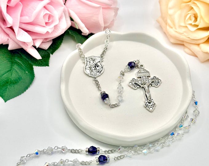 Catholic Prayer Rosary, Purple Swarovski Crystal Beads (Saint Michael Medal)