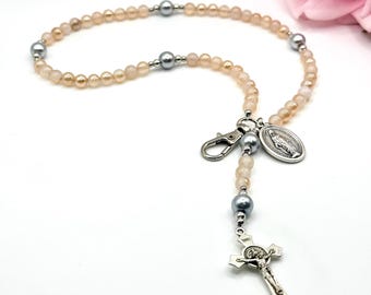Champagne Gold Agate Rosary Phone Charm: Pearl Beads, Italian Crucifix