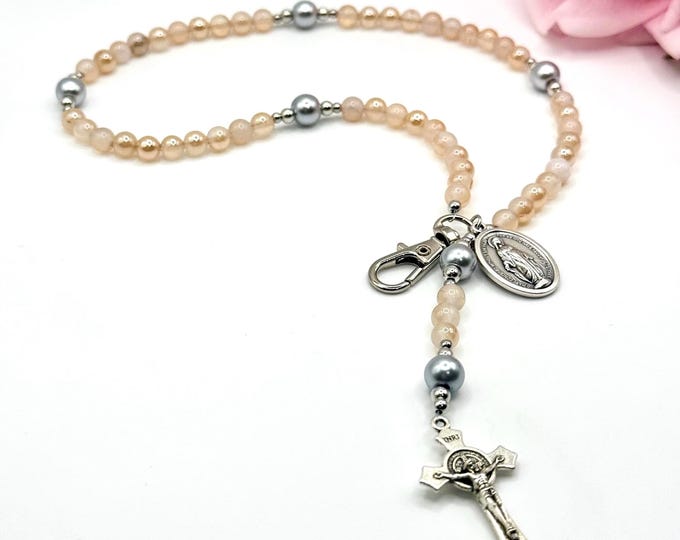 Champagne Gold Agate Rosary Phone Charm: Pearl Beads, Italian Crucifix