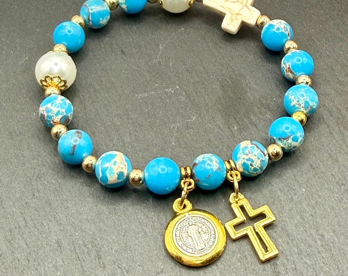 Jasper Rosary Bracelet - Gold Saint Benedict and Seashell Cross