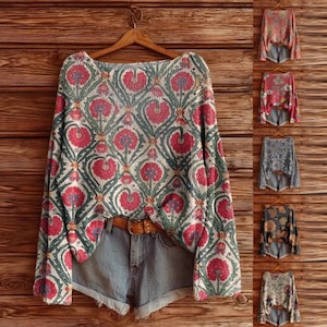 Gedrucktes, lockeres, Retro, langärmliges, gebürstetes Oberteil für Frauen