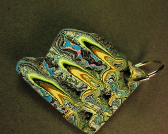 Fordite Pendant, yellow lime green light blue, "Zig-Zag", silver jump bail 35.5ct; Fordite is dried paint from the plant spray paint booth