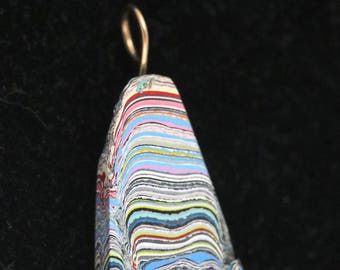 Fordite Pendant, blue pink red black tan brown, "Tumbling Surf", gold bail 27ct; Fordite is dried paint from the plant spray paint booth