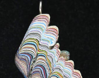 Fordite Pendant, blue black olive green yellow, "Top that Off", silver bail 31ct; Fordite is dried paint from the plant spray paint booth