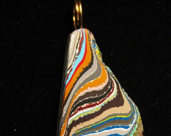 Fordite Pendant, orange tan brown aqua, "Tumbled Over", brass Coiled bail 46.5ct; Fordite is dried paint from the plant spray paint booth