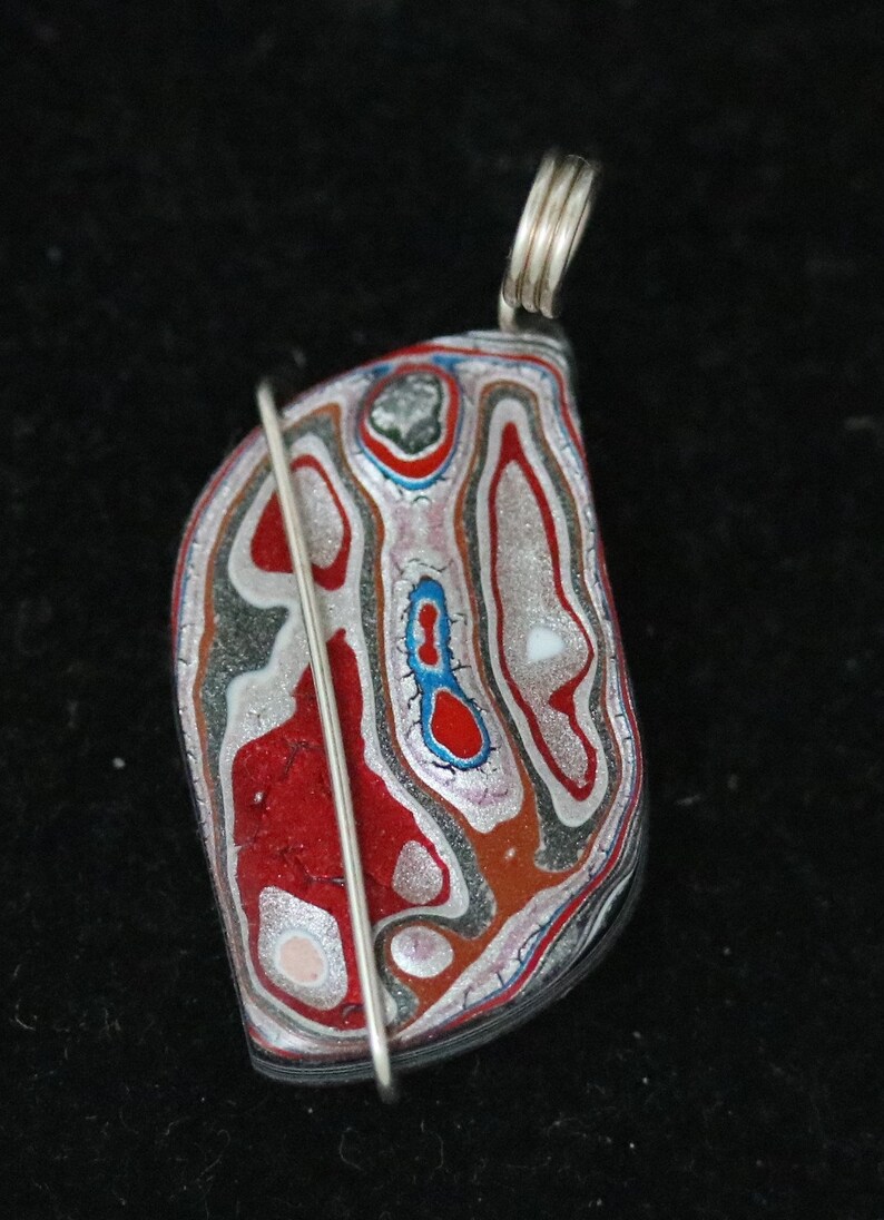 Fordite Pendant, Maroon white blue, silver Coiled bail 7ct Fordite is dried paint from the plant spray paint booth image 1