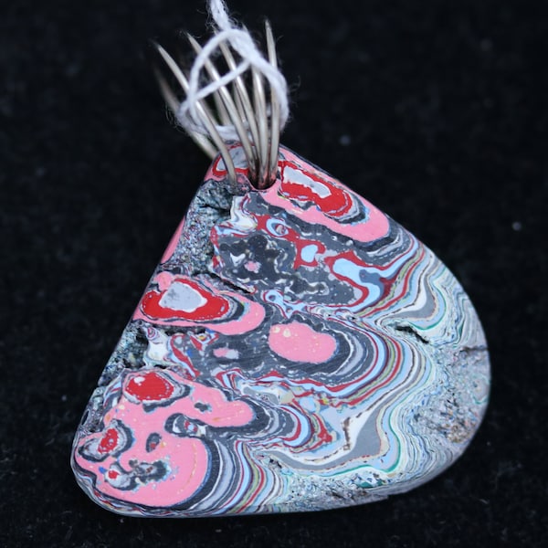 Fordite Pendant, pink white gray blue, silver Coiled bail 14ct; Fordite is dried paint from the plant spray paint booth